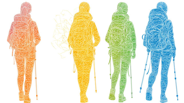 Four colorful figures of backpackers with trekking poles, viewed from behind. Hiking outdoors