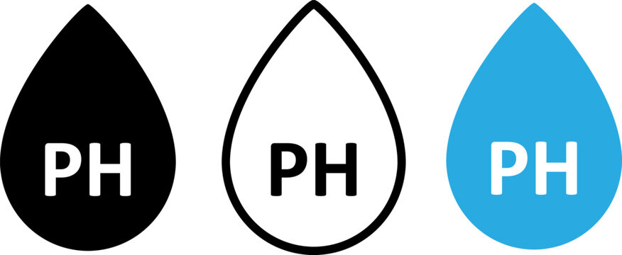 Set of three water drop icons with ph text isolated on white background