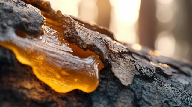 Sap drips slowly down the bark of a tree in a forest. The warm light from the setting sun highlights the golden color of the sap. Nature surrounds the scene with trees and soft light