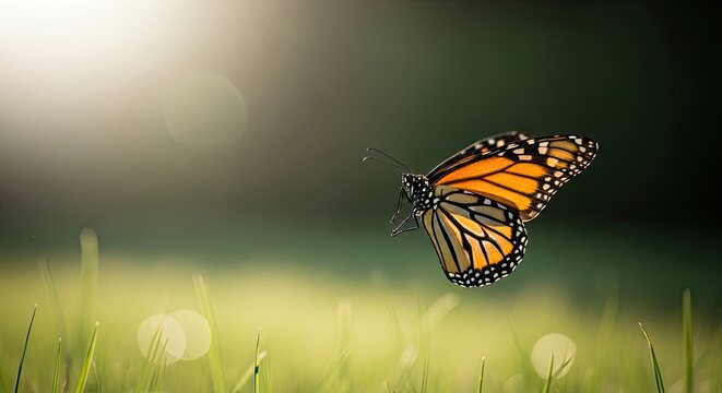 A monarch butterfly gracefully flutters its wings in a field of green grass, showcasing its vibrant orange and black patterns.