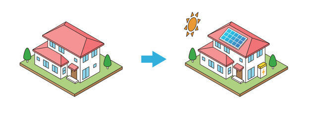 Fototapeta premium Solar Panel and Home Battery System Installation on House Isometric Illustration, Before and After Comparison, Renewable Energy Concept
