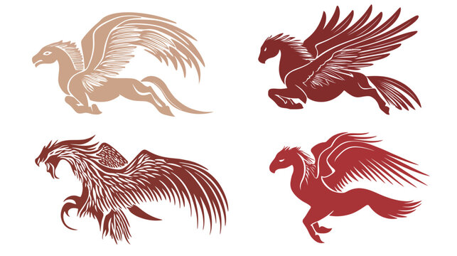 Four stylized winged mythological creatures in shades of brown and red, isolated on white background