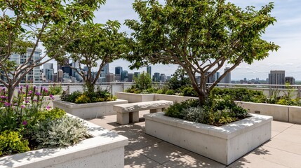 Obraz premium Lush Urban Rooftop Garden Oasis with Trees, Seating, and City Skyline View