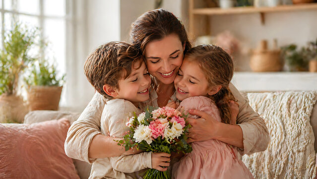 Mothers day embrace showing a happy mother hugging her two young children who are giving her a bouquet of flowers in a bright cozy room