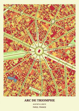 Vibrant urban map and architectural layout of the Arc de Triomphe and the Place Charles de Gaulle in Paris, France.