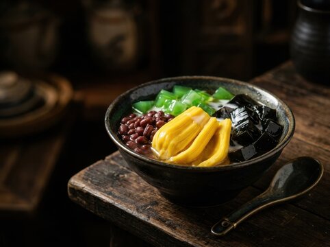 Traditional Indonesian Es Campur Dessert Featuring Jackfruit, Red Beans, and Grass Jelly in a Ceramic Bowl on a Rustic Wooden Table