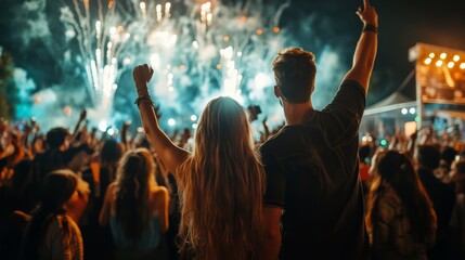 Fototapeta premium Celebration of music and fireworks outdoor festival crowd enjoying nighttime atmosphere urban setting vibrant and energetic concept