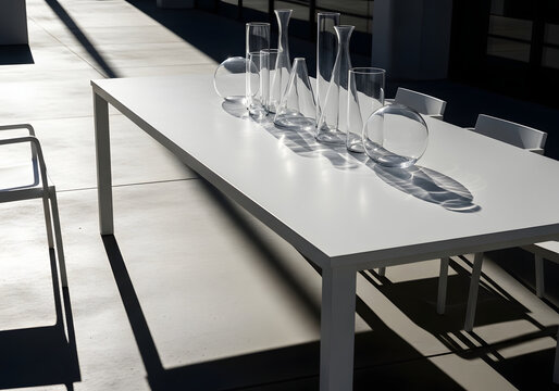 Modern White Table with Glass Vases Casting Shadows in Sunlight
