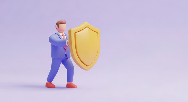 Corporate security concept with businessman holding a shield, representing defense, safety and business protection