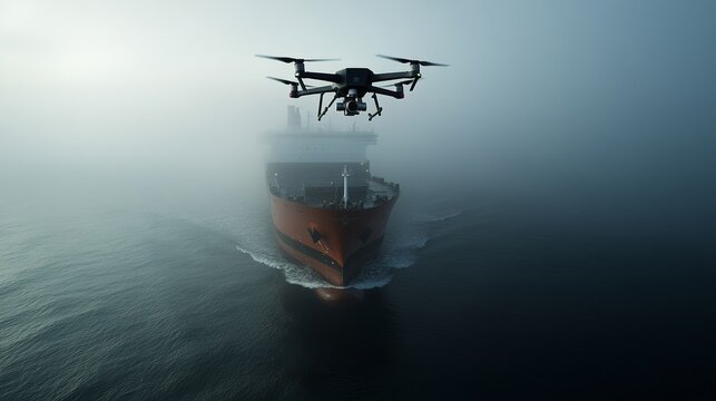 Drone surveillance of cargo ship navigating through foggy waters maritime location aerial photography mysterious environment bird's eye view technology concept for seo impact