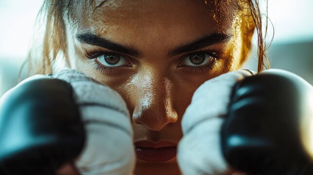 Intense boxing match female boxer training gym action shot dynamic environment close-up perspective empowerment and strength