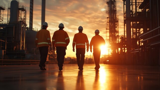 Industrial workers walking at sunset in an oil refinery action shot vibrant environment professional perspective team spirit