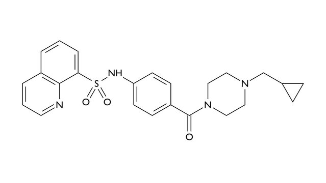 mitapivat molecule, structural chemical formula, ball-and-stick model, isolated image enzyme activator drug