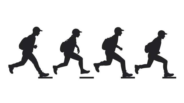 Silhouettes of figures in motion, running up steps with backpacks. Uniform black shapes against a white background