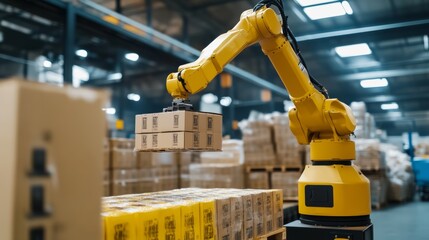 Fototapeta premium Automated robotic arm handling packages warehouse environment industrial machinery inside view efficient logistics process