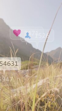 Vertical video: Camera panning, icons rising over front grass, numbers shifting, showing engagement
