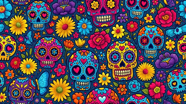 Vibrant Day of the Dead Sugar Skulls and Flowers Festive Seamless Pattern Background