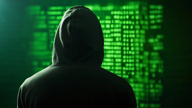 Cybersecurity breach event hacker in dark hoodie digital landscape image representation technology concept