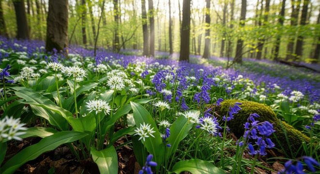 A vibrant spring forest with a carpet of blue and white flowers covering the ground, surrounded by tall trees with green leaves and a soft, diffused light filtering through the canopy.