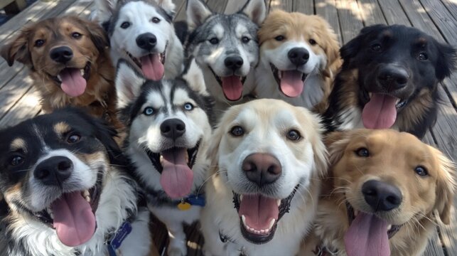 Joyful pack of diverse dog breeds smiling together outdoors with happy expressions and tongues out