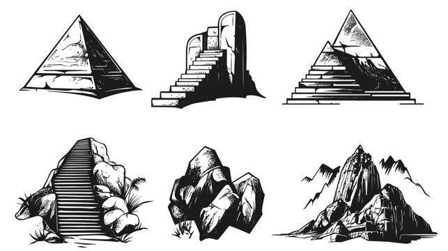 Collection of monochrome illustrations depicting various structures including pyramids and stairs in nature