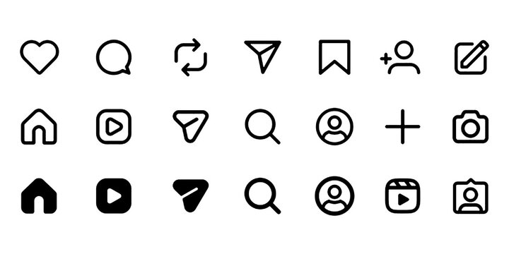 New update Instagram icon set including symbols of home, like, comment, search, user, repost, share