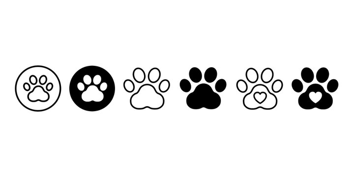 Paw footprint set icons, cute animal track with heart icon, dog or cat paw icons in solid and line style
