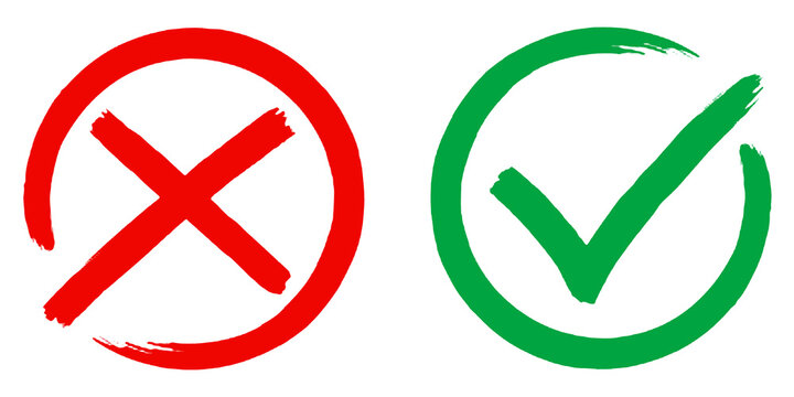 Check mark, tick and cross brush signs, green check mark OK and red X icons, symbols YES and NO button for vote, decision, election choice &ndash; vector
