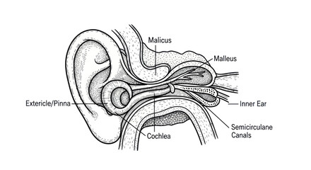 Human Ear Anatomy Diagram: Outer, Middle, and Inner Ear Structures © Fredik
