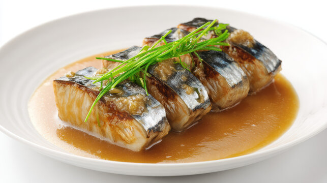 transparent saba mackerel fillets simmered in delicious sauce