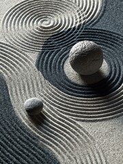 Naklejka premium Serene Zen Garden Raked Sand with Smooth Stones and Yin Yang Design Symbolizing Balance and Harmony