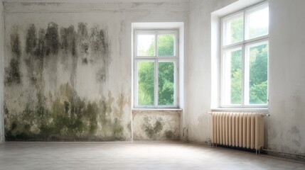 Fototapeta premium Abandoned Interior of a Derelict Room with Peeling Walls and Natural Light Filtering Through Windows