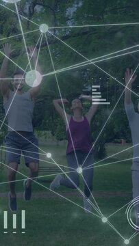 Vertical video: Fitness trio mid step, jumping, nodes appearing near them, HUD updating for fitness