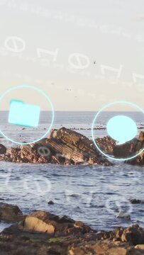 Vertical video: On HUD start central rock showing cyan icons and binary flowing, revealing horizon