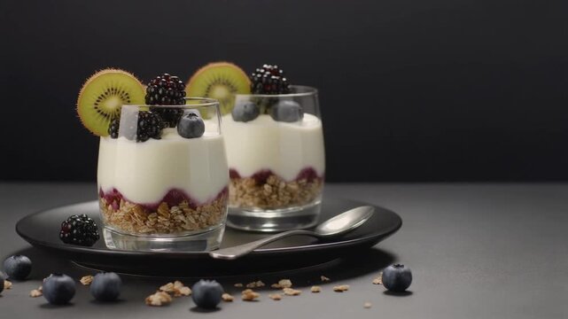 Delicious Fruit and Granola Yogurt Parfaits Served on Black Plate, Healthy Breakfast Delight