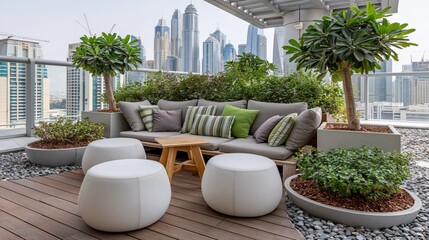Obraz premium Modern rooftop lounge with urban cityscape view, comfortable seating, and lush greenery
