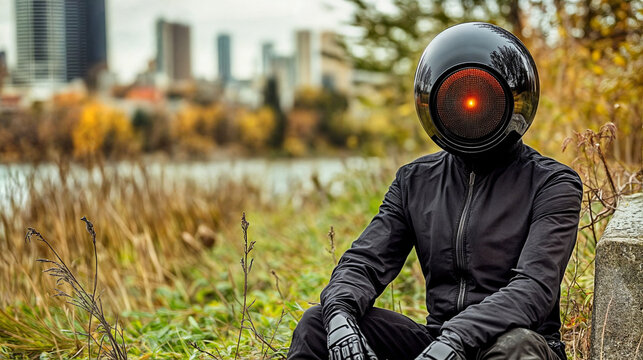 Sinister figure with security camera for a head against blurred urban background. Total surveillance, totalitarian society, dystopia concept. Surreal portrait for poster, visualisation 