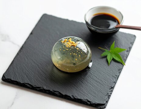 黒い石皿に載った透明な水信玄餅（レインドロップケーキ） 和菓子 和モダン