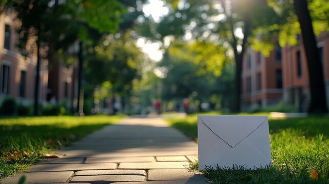 Mail delivery action on a sidewalk university campus photograph bright daylight close-up view exploring communication concepts