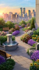 Obraz premium Serene Rooftop Garden Oasis with Blooming Flowers and City Skyline at Sunset