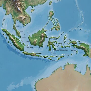 Topographic 3D map of Indonesia and Southeast Asia with relief and ocean depth