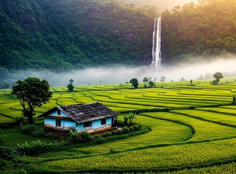 Typical Indian style home amidst paddy fields, mountains & waterfall during monsoon season in coastal or mountainous region of India. Image created through AI	
