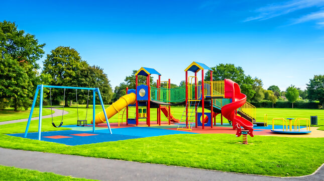 Colorful metal playground structure featuring multiple slides swings climbing frames and a roundabout designed for children to enjoy physical outdoor recreational play