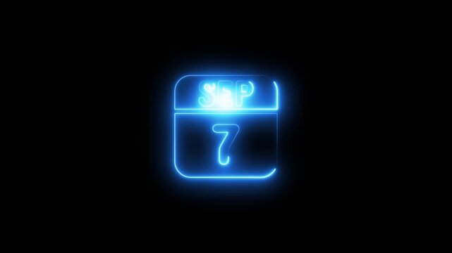 Neon Calendar September 7th Blue Glowing Date Number