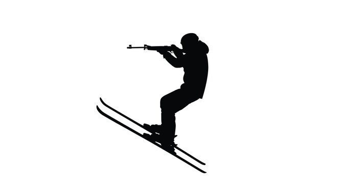 Silhouette of a skier aiming a rifle while airborne on skis against a white background high quality professional detailed modern elegant