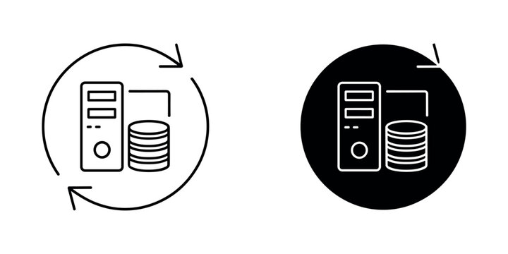 Black and white computer server and disk with circular arrows database backup in white background