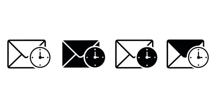 Black and white envelope clock symbols in white background