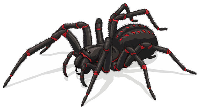Detailed Illustration of a Black Spider with Red Markings on White Background