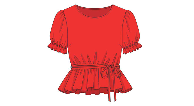 Fashionable Red Peplum Blouse with Puff Sleeves and Belt