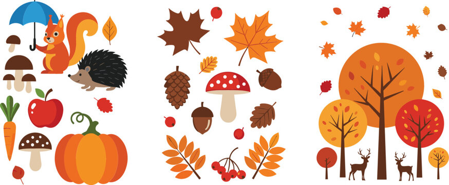 Autumn fall elements vector set with leaves trees mushrooms pumpkin squirrel and forest animals, seasonal nature collection for thanksgiving and harvest design